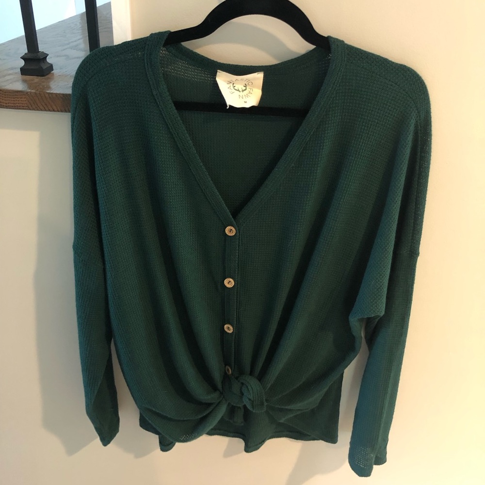 Emerald green knotted knit button down. Size M